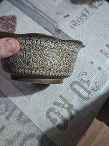 Middle Eastern Brass Bowl with Fine Incised Engravings and Floral Motifs, Postage available or Collection