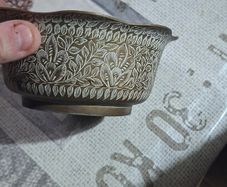 Middle Eastern Brass Bowl with Fine Incised Engravings and Floral Motifs, Postage available or Collection