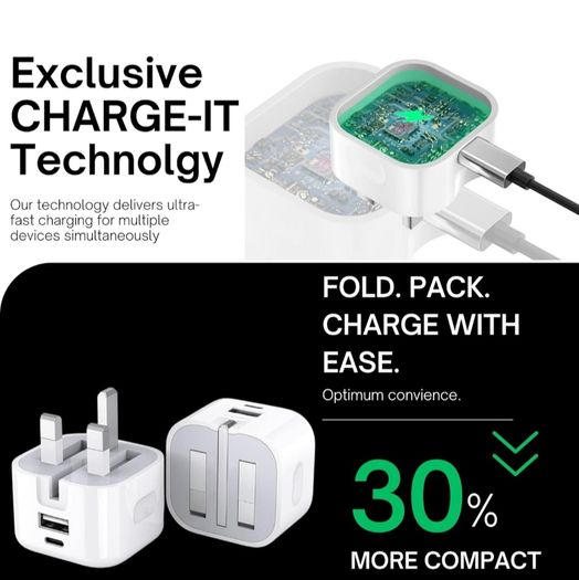 USB C and USB Plug, 38W Charging Adapter, 3 Pin UK Mains, Foldable, Travel, Super Fast Charger, for iPhone 16, 15, 14, 13, 12, 11 Pro Max, XS, XR, 8, SE, iPad, Samsung, Google Pixel, Multi-Device, PD