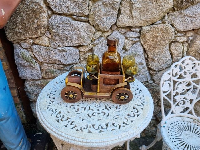 antique wooden car decanter set