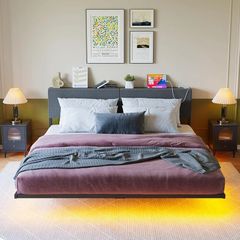 5ft King Bed Frame with USB Charging Station and LED Lights,Floating Bed Frame King Size with Storage Headboard,Upholstered King Bed Frames No Box Spring Needed,Noise-Free Metal bed