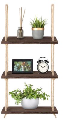 BRAND NEW 3 Tiers Rustic Wooden Wall Hanging Rope Shelf Mounted Floating Storage Unit Home
