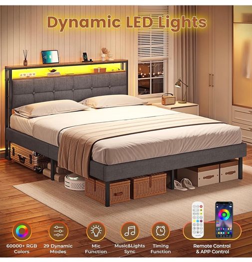 King Size Bed Frame 150x200 with Storage Upholstered Bed Frame with LED Lights & Charging Station Upholstered Storage Headboard/Under Bed Storage Noise Free