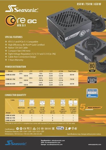 SeaSonic Core GC 850W - ATX 3.1 Power Supply
