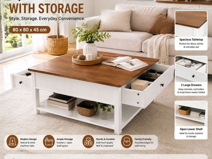 Square Coffee Table with Storage Drawers Walnut and White Living Room Table 80 x 80 cm