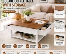 Square Coffee Table with Storage Drawers Walnut and White Living Room Table 80 x 80 cm