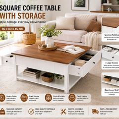 Square Coffee Table with Storage Drawers Walnut and White Living Room Table 80 x 80 cm
