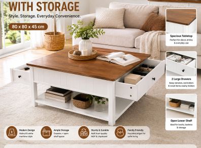 Square Coffee Table with Storage Drawers Walnut and White Living Room Table 80 x 80 cm