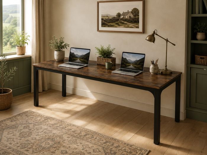 Extra Long 2 Person Computer Desk 200 cm Rustic Brown and Black