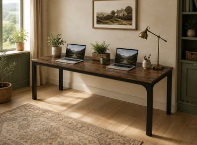 Extra Long 2 Person Computer Desk 200 cm Rustic Brown and Black