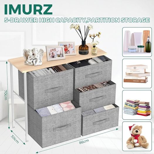 Chest of Drawers,Fabric Storage Drawers wtih 5 Units Large Storage Space,Sturdy Steel Frame Chest of Drawers Bedroom for Living Room, Nursery Room, Hallway etc, Gray, 30 x 85 x 70 cm