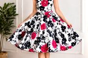 Belle Poque Floral Fit &amp; Flare Dress UK 14/16 Full Skirt Vintage Style