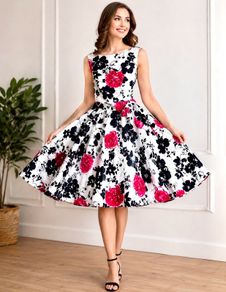Belle Poque Floral Fit & Flare Dress UK 14/16 Full Skirt Vintage Style