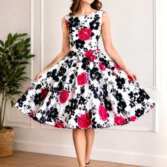 Belle Poque Floral Fit & Flare Dress UK 14/16 Full Skirt Vintage Style