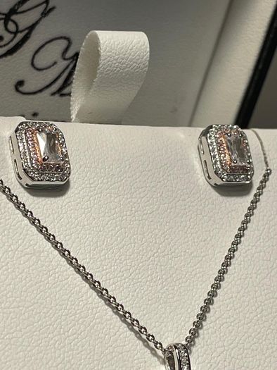 Sterling silver Jewellery set Pendant and earrings White & Pink Cubic Zirconia in Two Tone