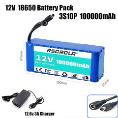 12V 10000mAh 3S3P 18650 Battery Pack with BMS 12.6V Lithium Ion Rechargeable Battery Replacement for Power Tool Vacuum Cleaner