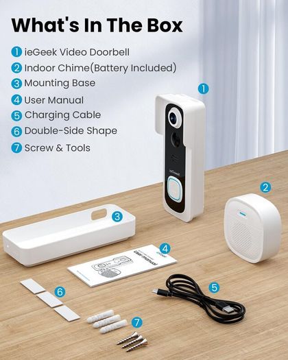 Doorbell Camera Wireless No Monthly Fee, 2K HD Video Doorbell with Chime, Smart AI Detection Instant Alert, 2-Way Talk, Clear Night Vision, Only 2.4GHz WIFI, Works with Alexa, White