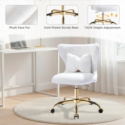 Vanity Chair with Gold Wheels & Bow Pillow, Fluffy Desk Chairs for Home Office & Bedroom, Height Adjustable& Easy to Assemble,White