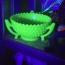 Vintage Art Deco Green Uranium Jadeite Glass 3 Handle Bowl Diamond Pattern UV Reactive Image 5