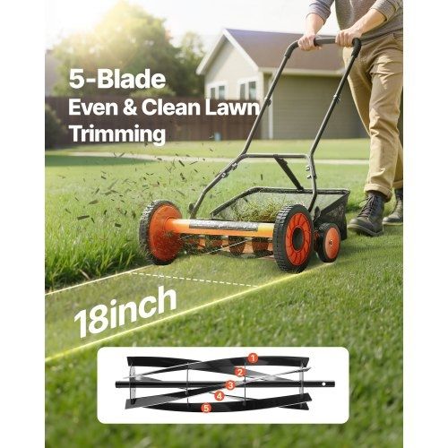 Push Reel Lawn Mower 45 cm, 5 Blades Manual Push Mower No Motor, 35- 62mm Adjustable Cutting Height, Walk-Behind Lawn Mowers with Grass Catcher