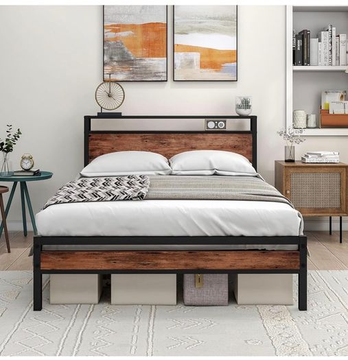 Double Bed Frame with Storage Headboard,Wooden Bed Frame Double Metal Platform Bed Frame No Box Spring Needed,Sturdy Metal Frame Base,Under Bed Storage,No Squeak,Easy Assembly for
