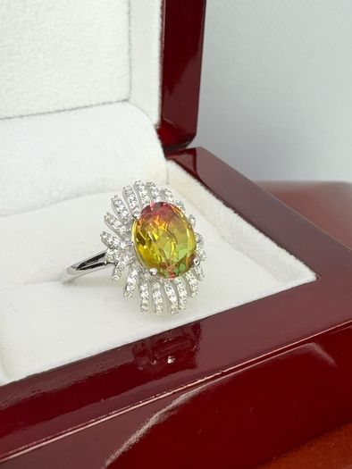 Silver Rainbow Genesis Quartz & Zircon "Sunburst" Ring