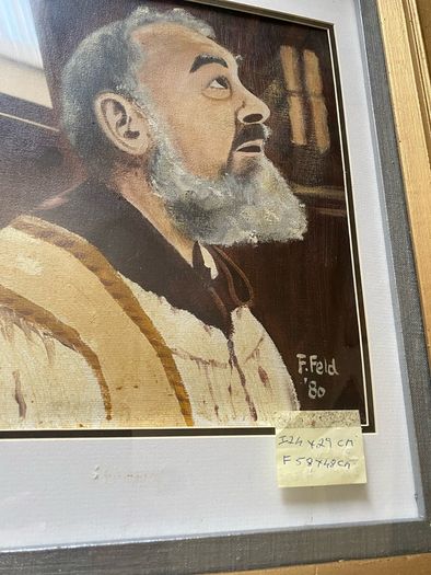 Framed Vintage Oil Portrait of Saint Padre Pio Signed F. Feld '80