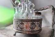 Antique Victorian Silver Plated Cruet Set 5 Crystal Bottles and Antique Silver Plated Table Centrepiece Stand by James Dixon and Sons Sheffield