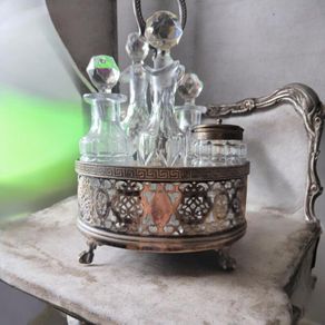 Antique Victorian Silver Plated Cruet Set 5 Crystal Bottles and Antique Silver Plated Table Centrepiece Stand by James Dixon and Sons Sheffield