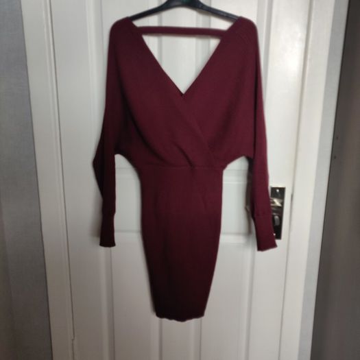 Knit V neck batwing dress, APRICOT