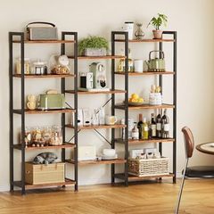 Triple Bookshelf, Large Bookcase with 14 Open Display Shelves, Industrial Book Shelves Book Case for Bedroom, Wide Standing Shelving Unit for Living Room Home Office (Vintage Brown, 5-tier)