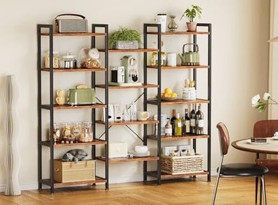 Triple Bookshelf, Large Bookcase with 14 Open Display Shelves, Industrial Book Shelves Book Case for Bedroom, Wide Standing Shelving Unit for Living Room Home Office (Vintage Brown, 5-tier)