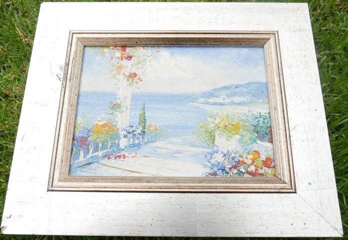 Vintage Oil Paintings Seaside Impressionism Wall Art Blue Oil Paintings Garden Floral Wall Art Blue Artwork Living Room Wall Art, signed framed