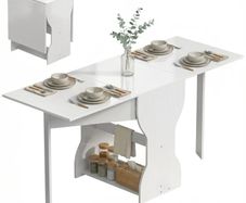 Folding Dining Table for 4 People with Shelf, Wood, 160x60x75 cm, White