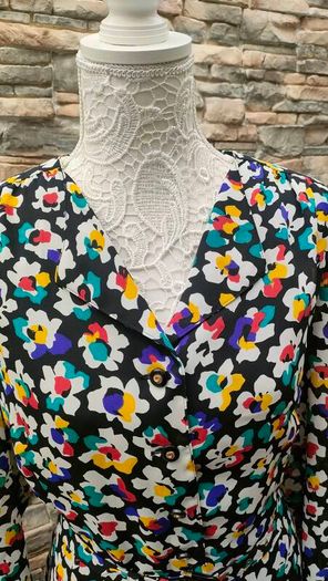 Vintage black floral A-line dress with detachable collar and belt size M or L