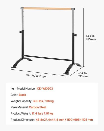 Freestanding Ballet Barre, Adjustable 28-44 in