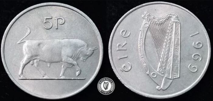 [#2545] - Ireland 1969 | Irish 5p | 5 Pence | Bull | KM.22 | High Grade