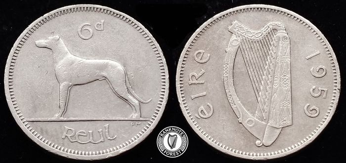 [#143] - Ireland 1959 | 6 Pence | Irish 6d | Wolfhound | KM.13a