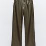Fab Zara High Waist Khaki Green Faux Leather Straight Wide Leg Trousers   Size L UK 14 Runs big Image 8