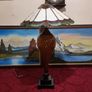 30.5 Inch Tall Large Art Deco Tiffany Style Table Lamp With Metal And Black Striped Amber Glass Stand  With Stained Glass Shade Image 4