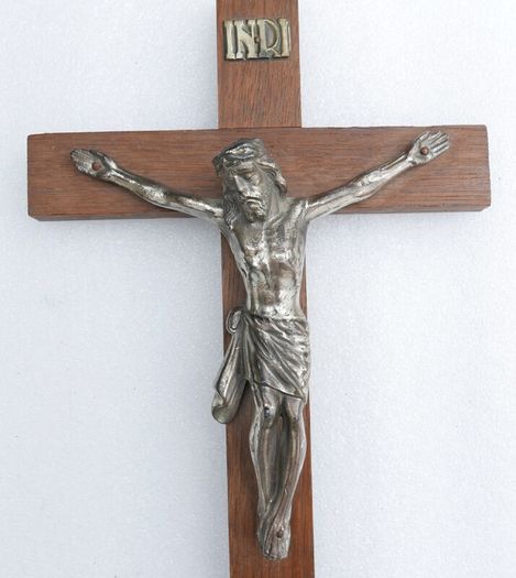 Vintage Wall Hanging Crucifix Wood Cross Heavy Metal Jesus length 12"