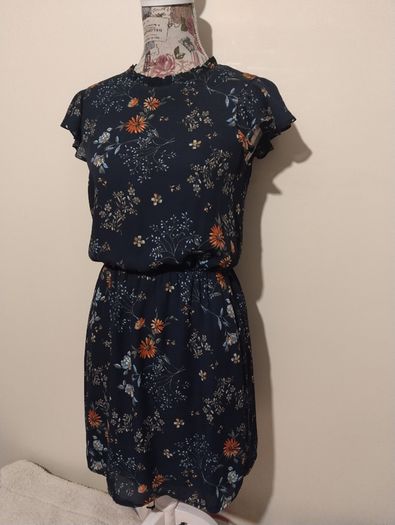 Navy Blue Floral Pocket Dress