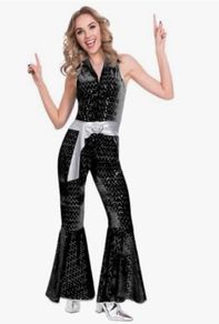 70s black glitter jumpsuit V-neck Disco Diva, size 10-12
