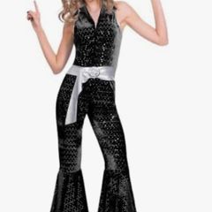 70s black glitter jumpsuit V-neck Disco Diva, size 10-12