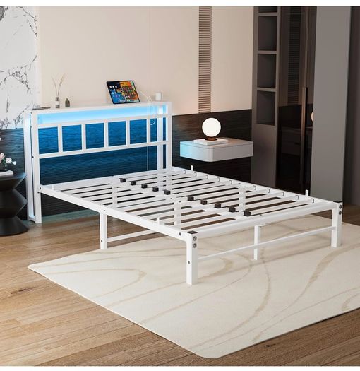 Double Bed Frame with Storage Headboard,4ft6 Bed Frame Double Bed Base with Charging Station and LED Lights,Metal Platform Double Bed 135x190,Mattress Base No Box Spring Needed,No Noise,White