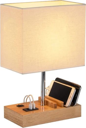 USB Bedside Table Lamp, HHome Plus Desk Lamp with 3 USB Charging Ports and Phone Charge Dock, Wood Charging Station and Organizer, Perfect Light for Bedroom, Guest Room, Living Room, Office