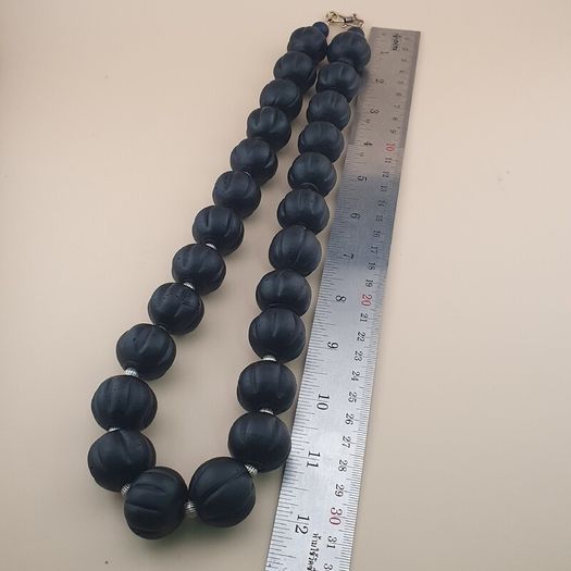 Antique African Style Dark Black Melon Shape Glass Beads Necklace