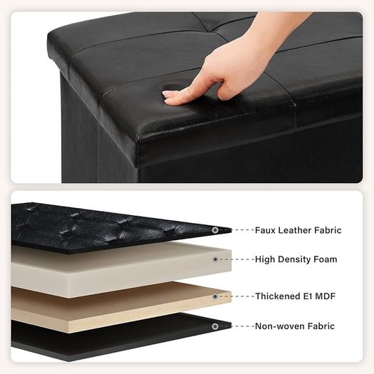 End of Bed Storage Bench,Folding Ottoman Seat Rest,Large Toy Chest Box Faux Leather Footstool for Living Room,Black,110x38x38cm