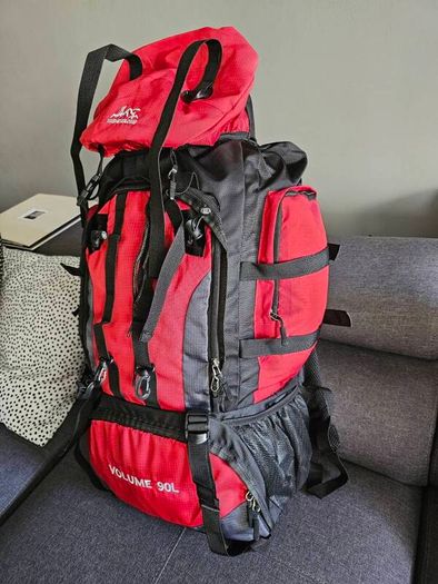 90 L Hiking backpack. Trekking backpack. Camping backpack. Red.