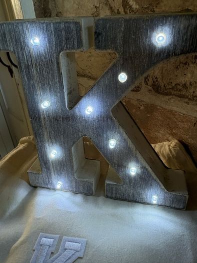New 16cm x 15cm x 3cm washed wood effect K with lights in monogrammed gift bag